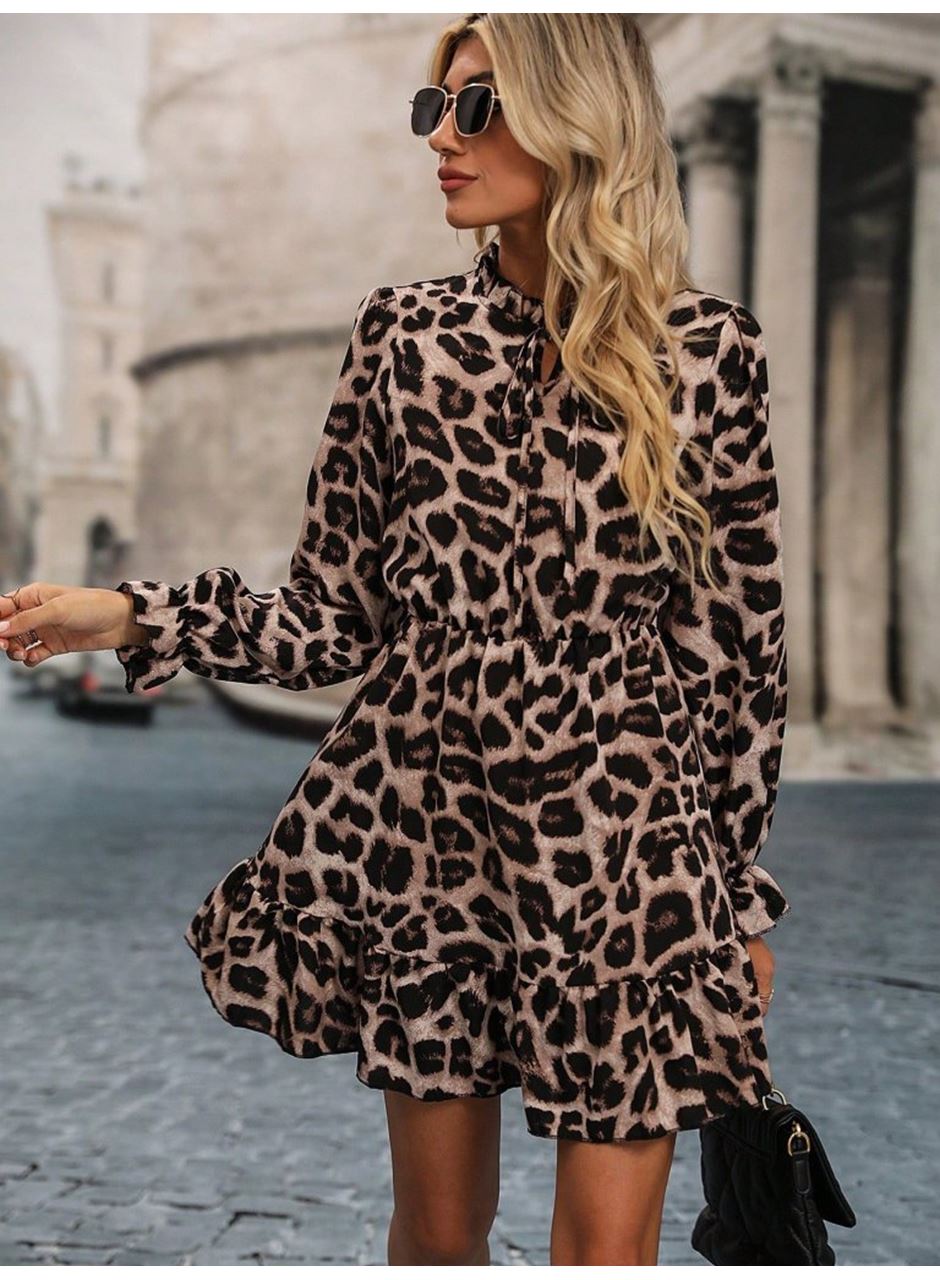 Kadın Uzun Kollu Yakadan Bağcıklı Modal Leopar Desenli Mini Elbise