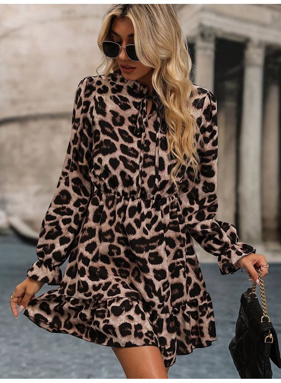 Kadın Uzun Kollu Yakadan Bağcıklı Modal Leopar Desenli Mini Elbise