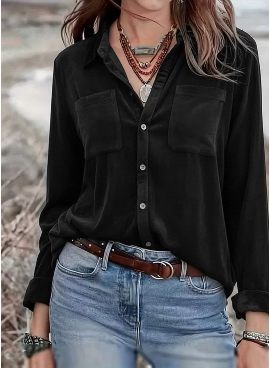 Kadın Uzun Kollu Yakalı önden Düğmeli Cep Detaylı Kadife Gömlek