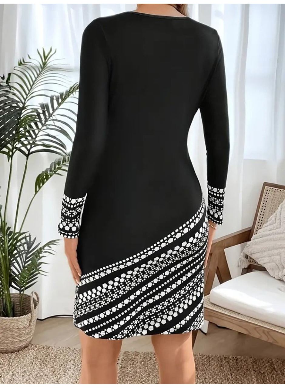 Kadın Uzun Kollu Bisiklet Yaka Desenli Dalgıç Elbise