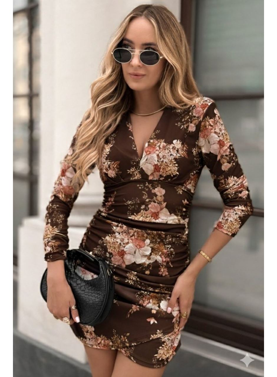 Kadın Uzun Kollu V Yakalı çiçek Desenli Dalgıç Mini Elbise