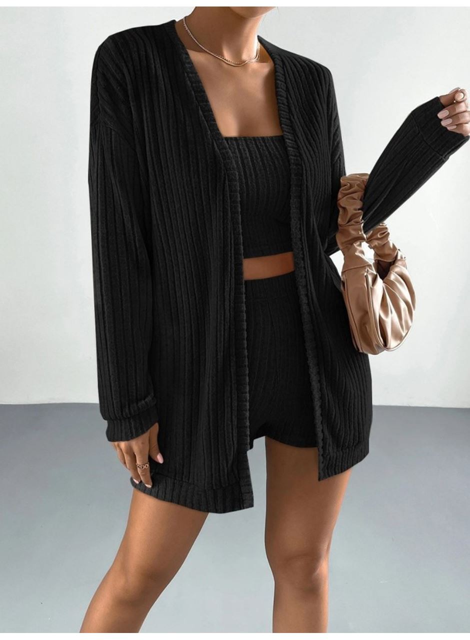 Kadın Uzun Kollu önü Açık şardonlu Kaşkorse Ceket Büstiyer Ve Short üçlü Takım