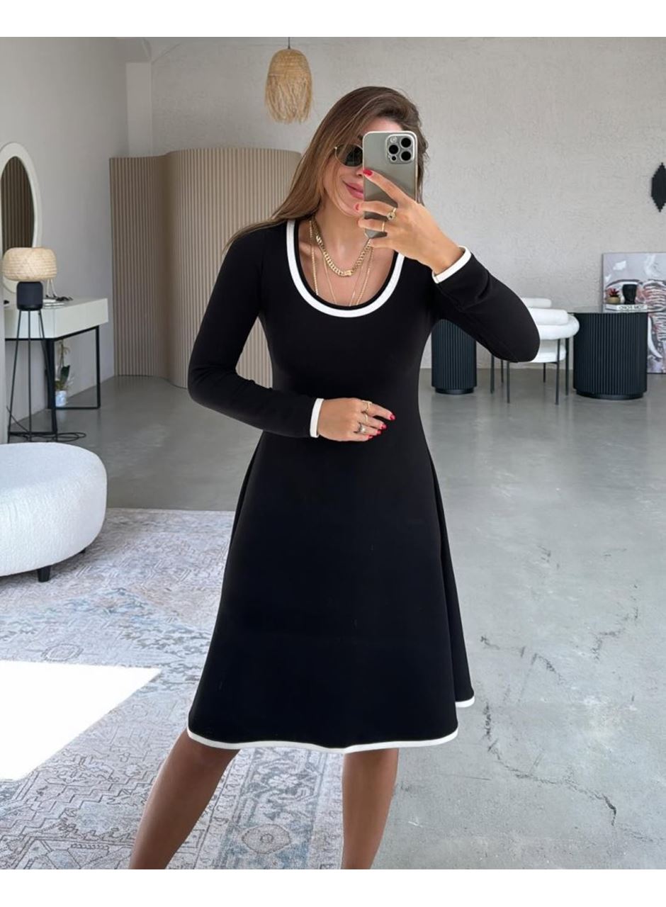 Kadın Uzun Kollu Yuvarlak Yaka Midi Viskon Iki Iplik Elbise