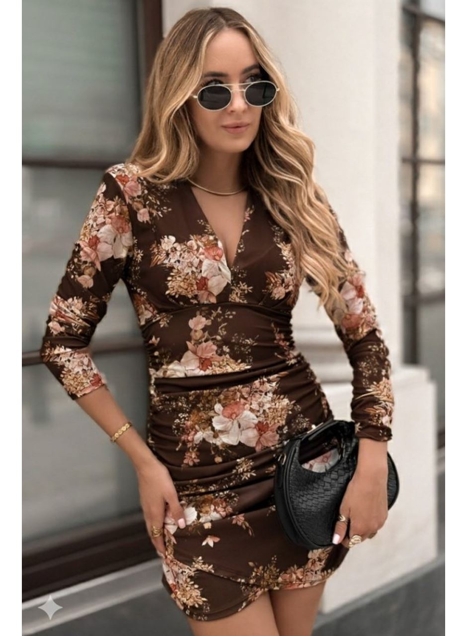 Kadın Uzun Kollu V Yakalı çiçek Desenli Dalgıç Mini Elbise