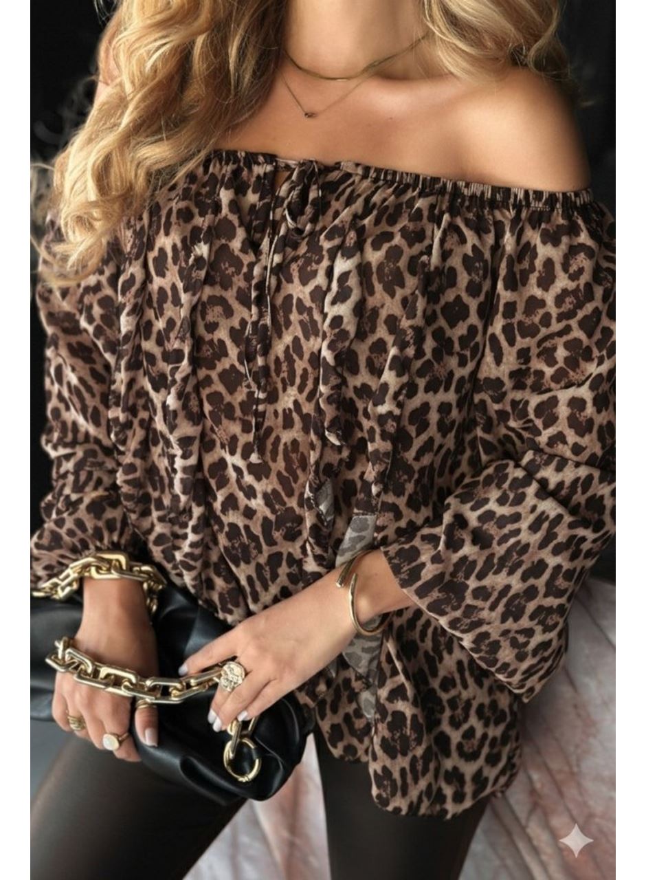 Kadın Madonna Yaka Bağcıklı Leopar Desen Detaylı şifon Bluz