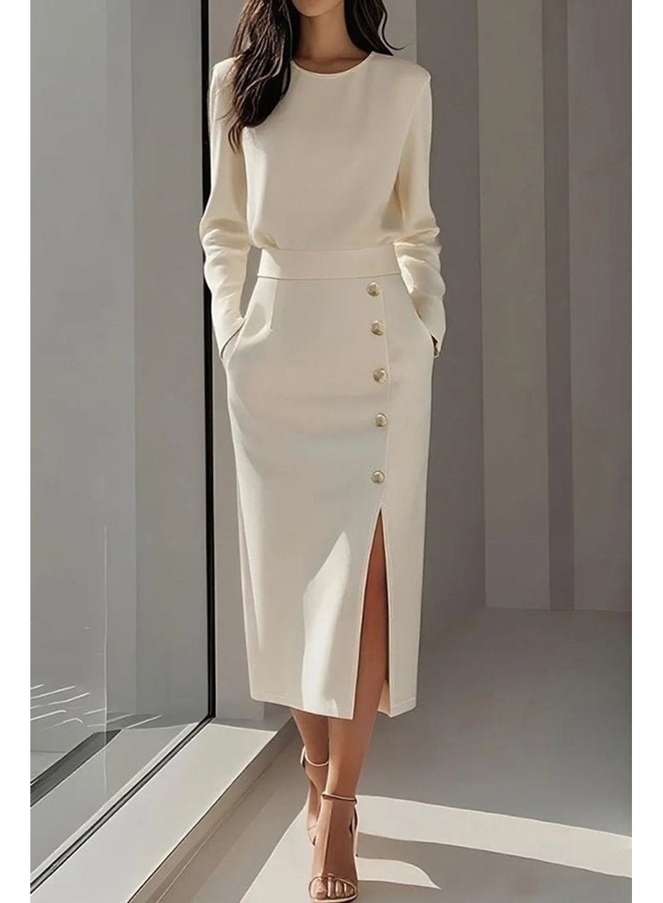 Kadın Uzun Kollu Bisiklet Yakalı Yandan Yırtmaçlı Düğmeli Midi Ithal Krep Elbise
