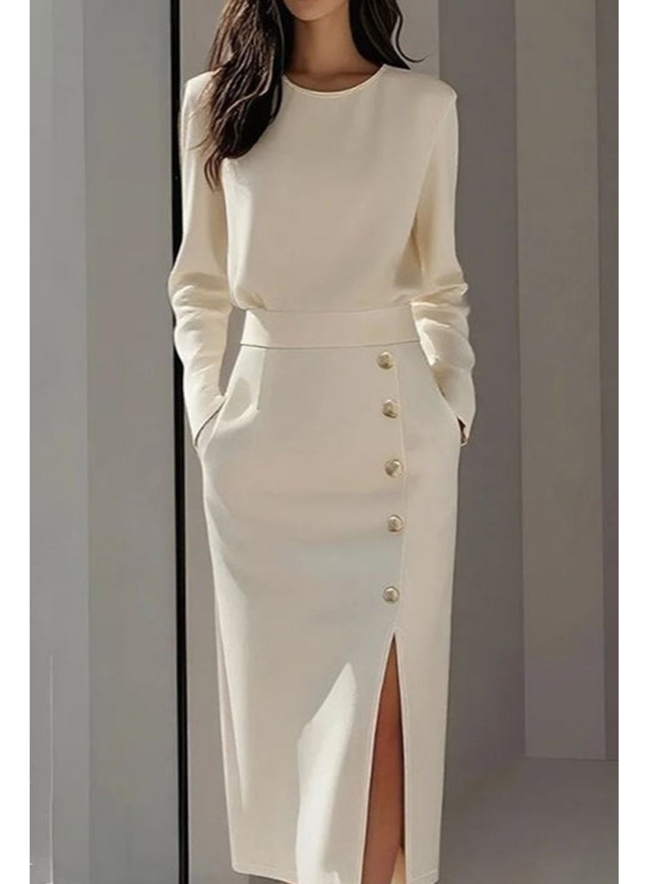 Kadın Uzun Kollu Bisiklet Yakalı Yandan Yırtmaçlı Düğmeli Midi Ithal Krep Elbise