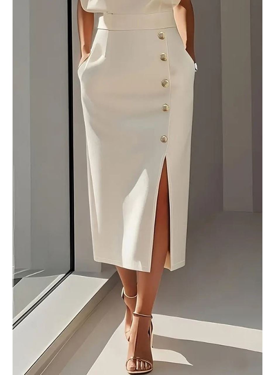 Kadın Uzun Kollu Bisiklet Yakalı Yandan Yırtmaçlı Düğmeli Midi Ithal Krep Elbise