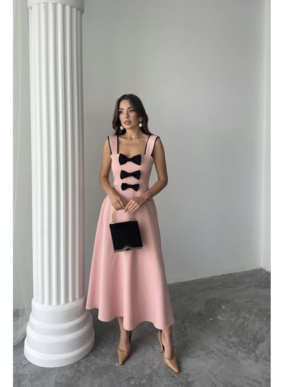 Pudra Fiyonk Garnili Dantelli Elbise