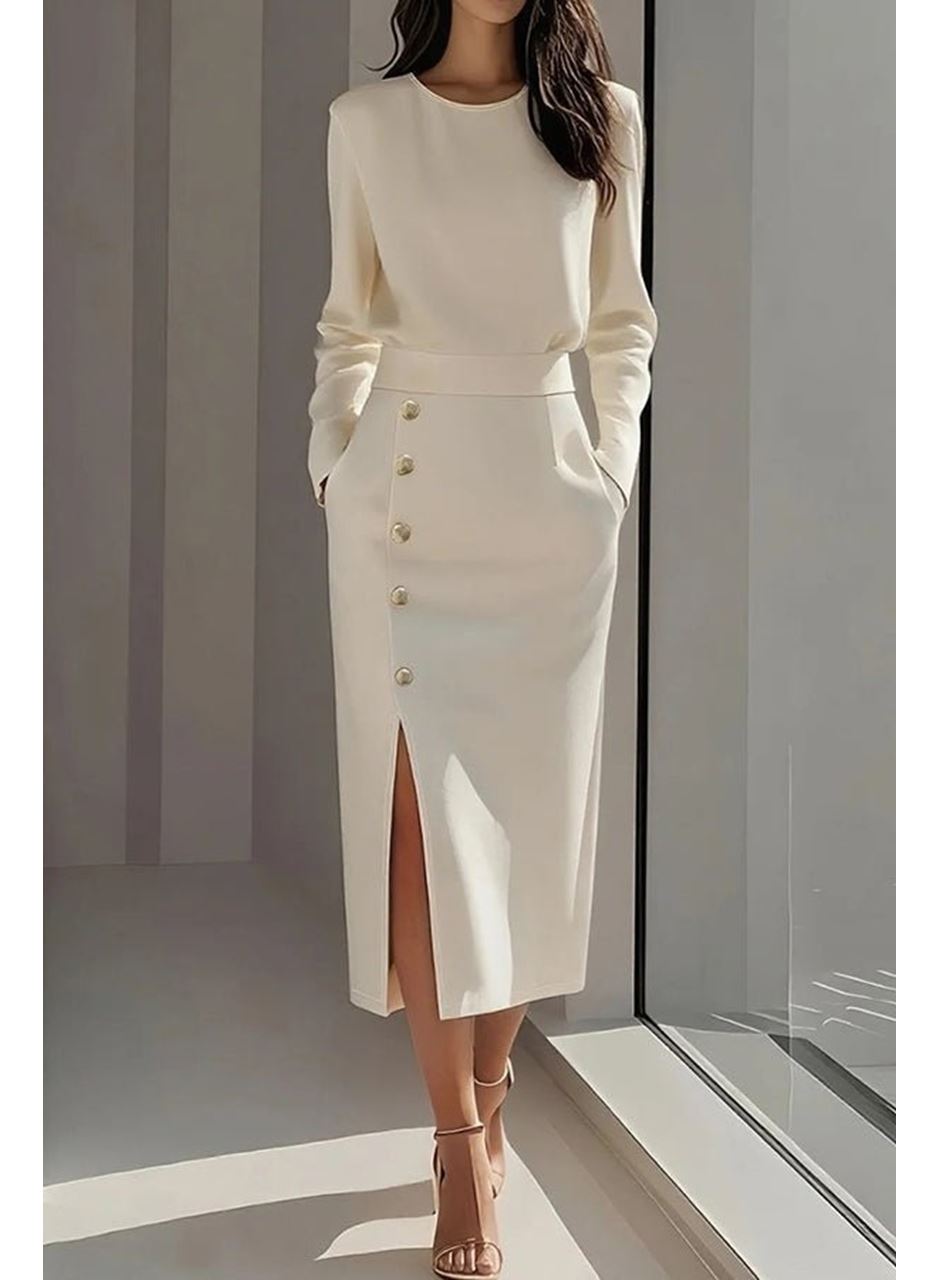 Kadın Uzun Kollu Bisiklet Yakalı Yandan Yırtmaçlı Düğmeli Midi Ithal Krep Elbise