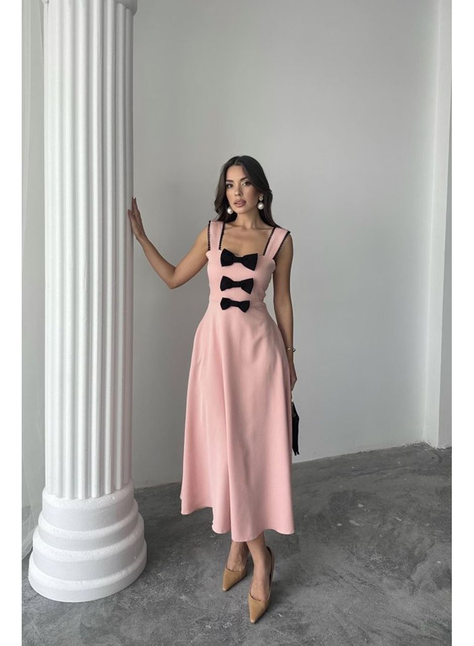 Pudra Fiyonk Garnili Dantelli Elbise