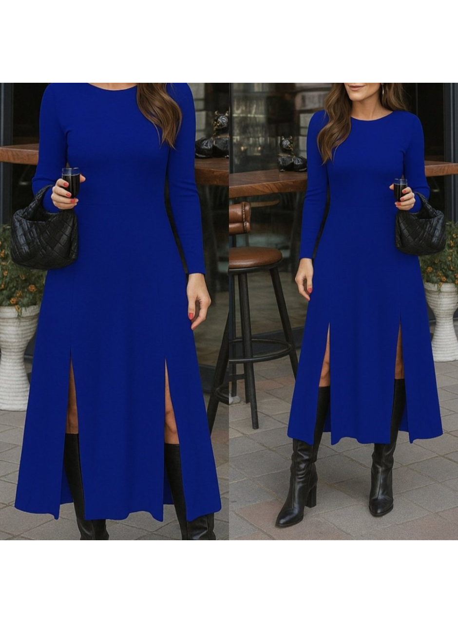 Kadın Uzun Kollu Hafif Kayık Yaka Sırt Dekolteli Yırtmaç Detaylı Viskon Tam Boy Elbise