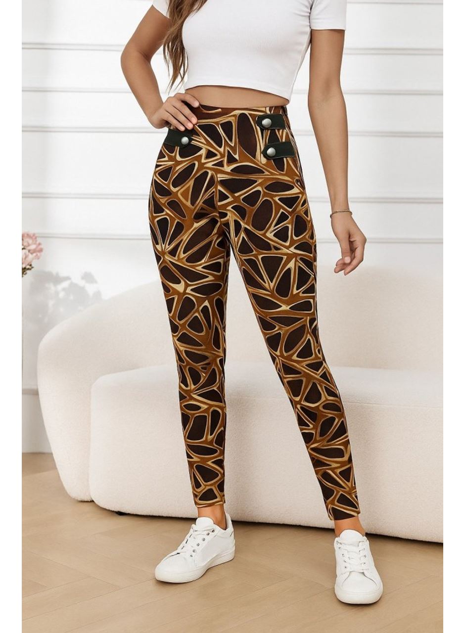 Kadın Yüksek Bel Kaz Ayağı Desenli Yan şerit Düğme Detaylı Dalgıç Pantolon