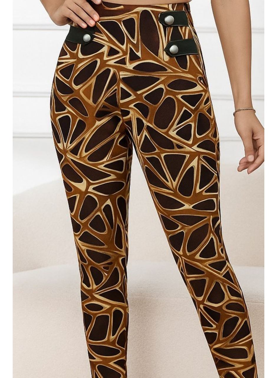 Kadın Yüksek Bel Kaz Ayağı Desenli Yan şerit Düğme Detaylı Dalgıç Pantolon