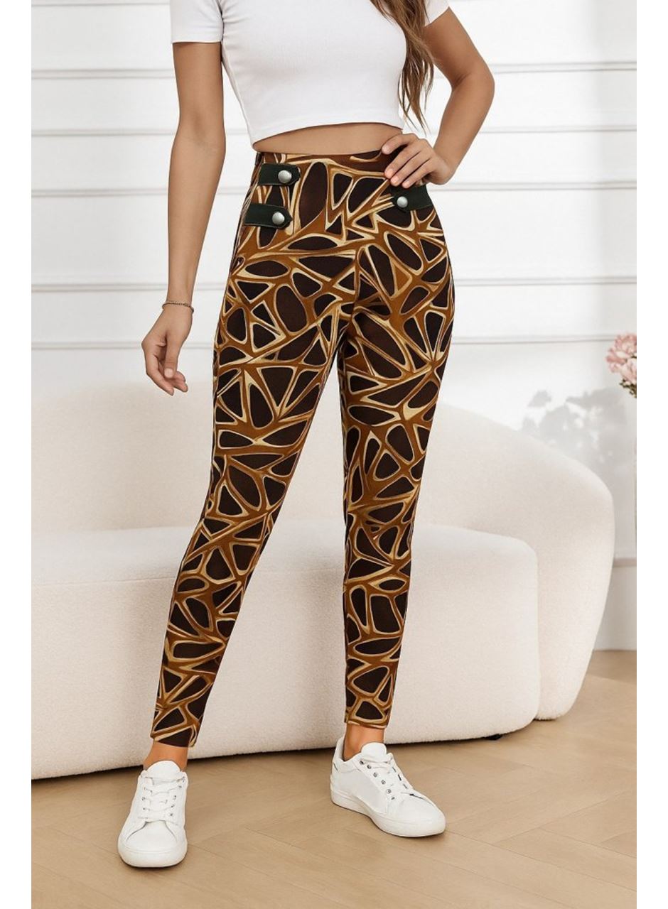 Kadın Yüksek Bel Kaz Ayağı Desenli Yan şerit Düğme Detaylı Dalgıç Pantolon