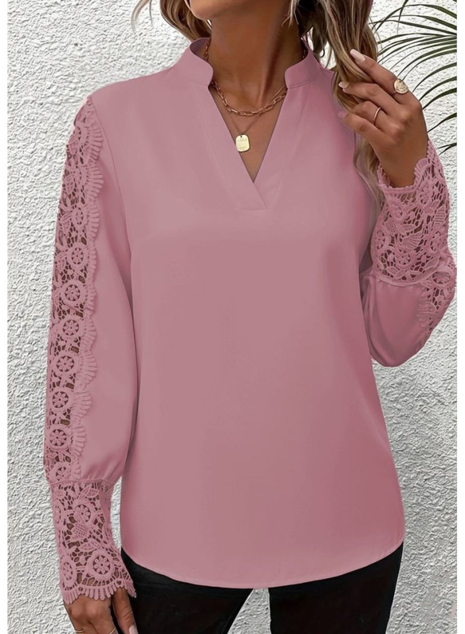 Kadın Uzun Kollu Hakim Yaka Kolları Dantel Detaylı Ithal Krep Bluz