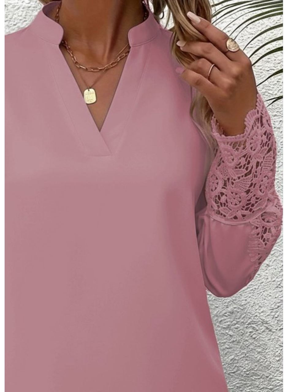 Kadın Uzun Kollu Hakim Yaka Kolları Dantel Detaylı Ithal Krep Bluz