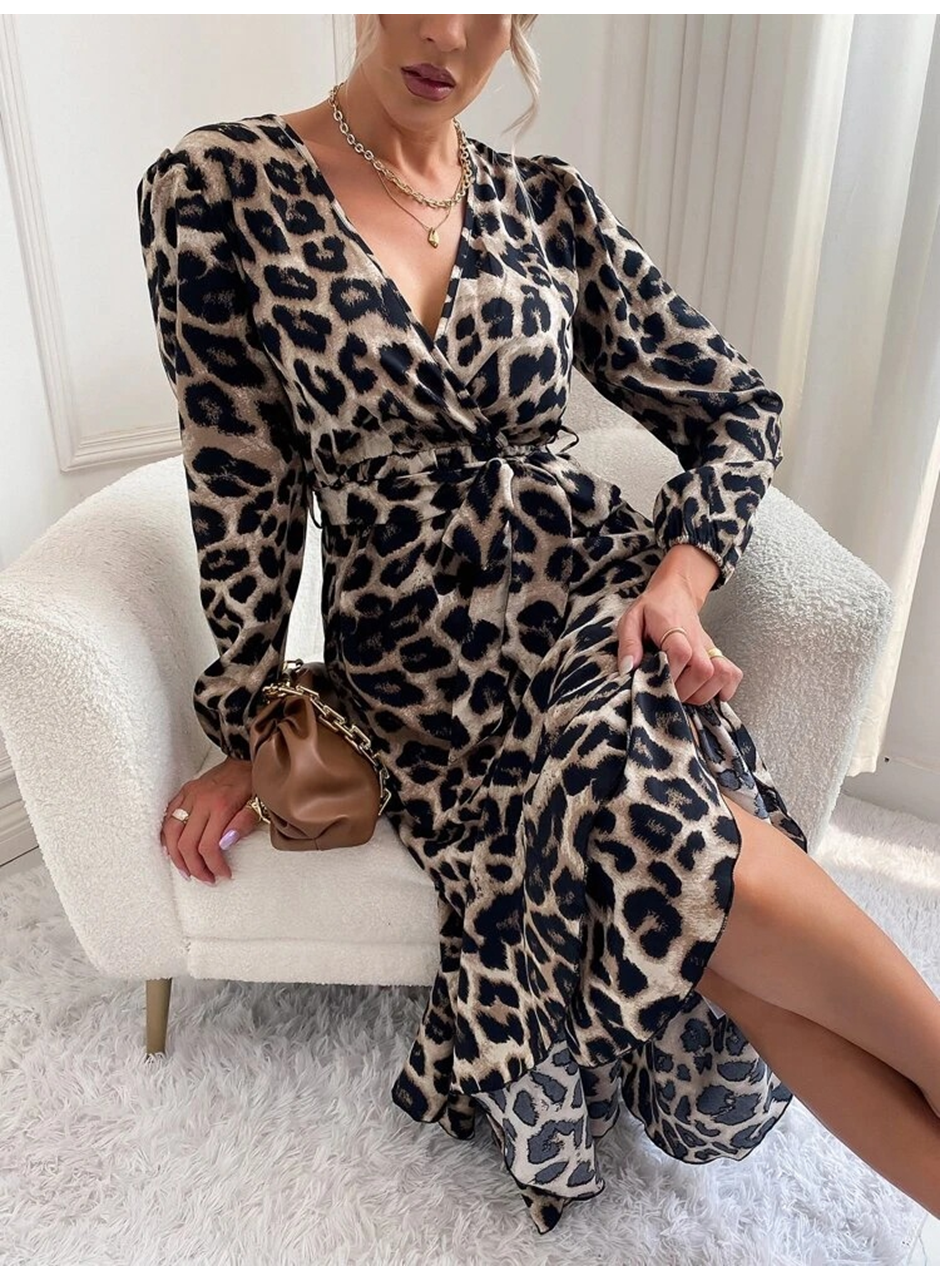 Kadın Uzun Kollu Kruvaze Yakalı Belden Kuşaklı Leopar