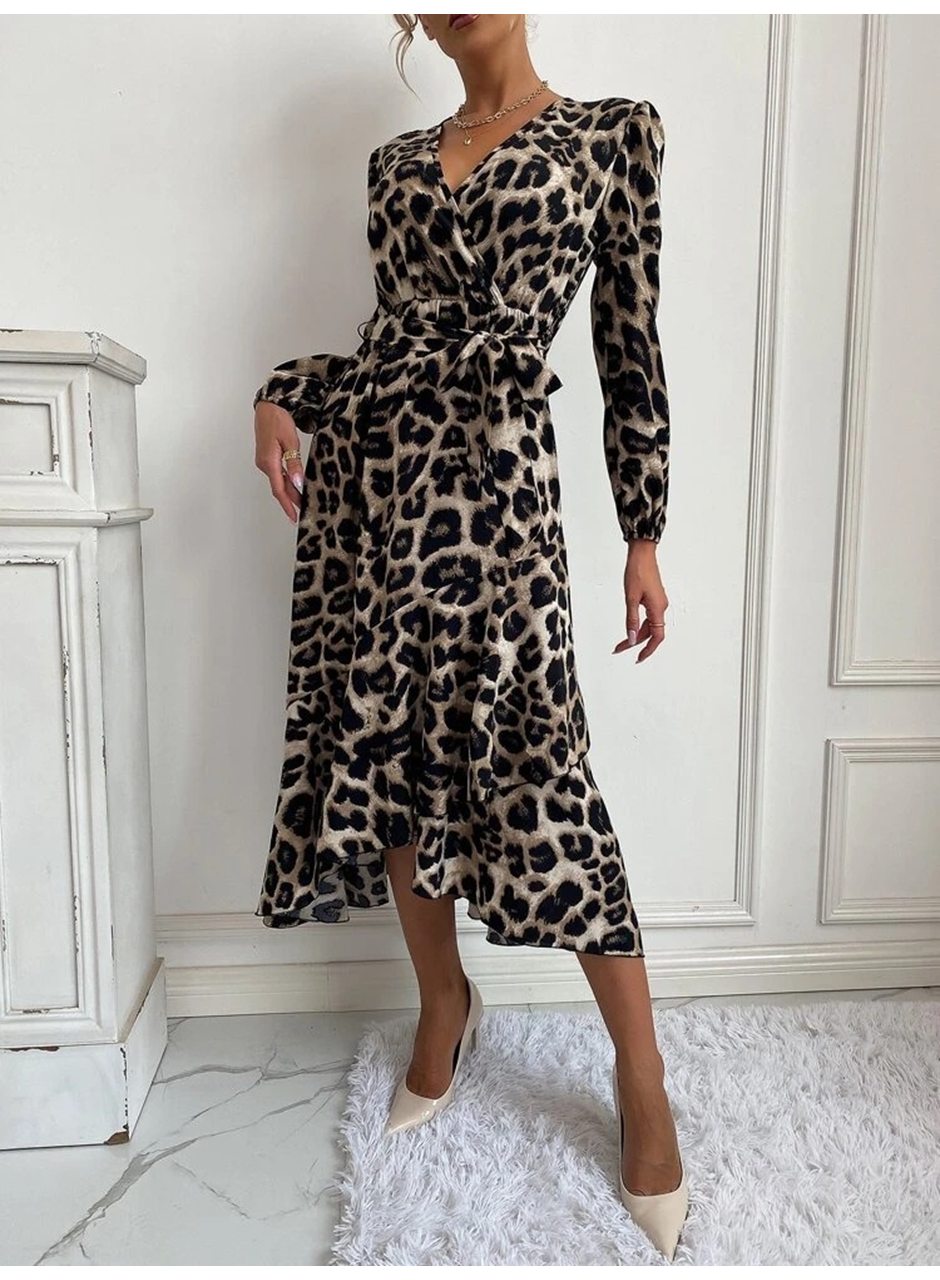 Kadın Uzun Kollu Kruvaze Yakalı Belden Kuşaklı Leopar