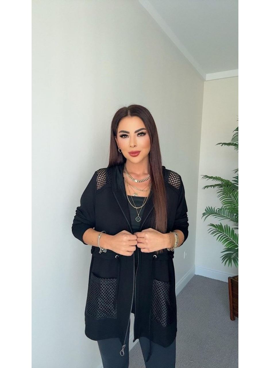 Kadın Uzun Kollu önü Fermuarlı File Detaylı Belden Bağcıklı Kısa Modal Ceket