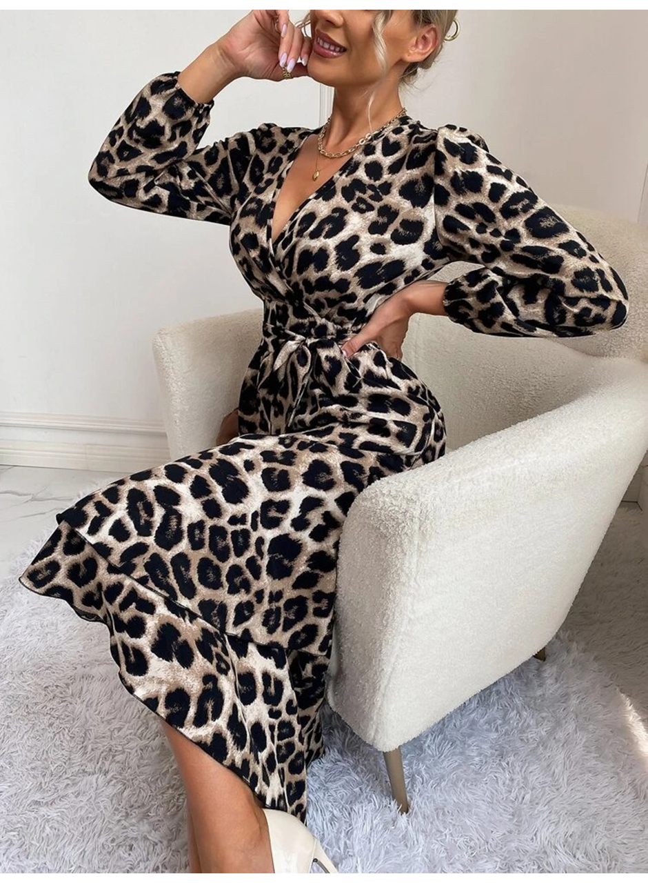 Kadın Uzun Kollu Kruvaze Yakalı Belden Kuşaklı Leopar