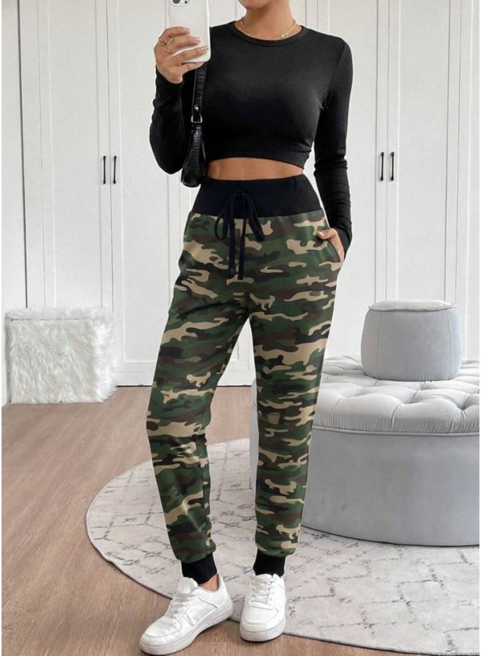 Kadın Yüksek Bel Bağcıklı Desenli Iki Iplik Pantolon