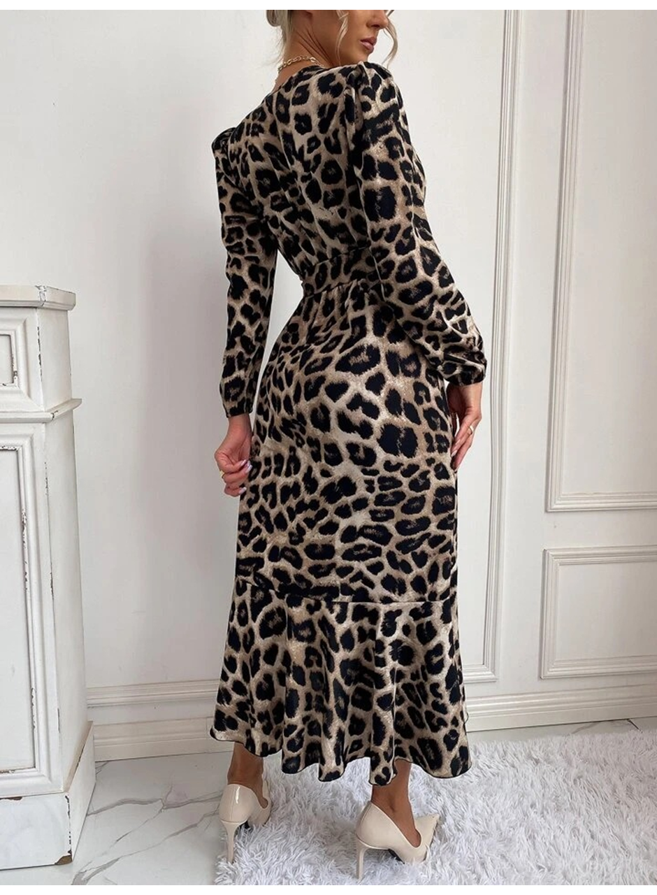 Kadın Uzun Kollu Kruvaze Yakalı Belden Kuşaklı Leopar