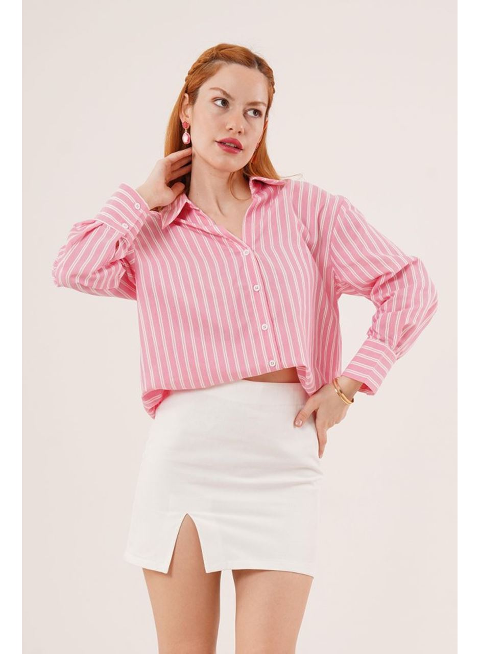 Çift Çizgi Geçişli Düğmeli Pembe Gömlek