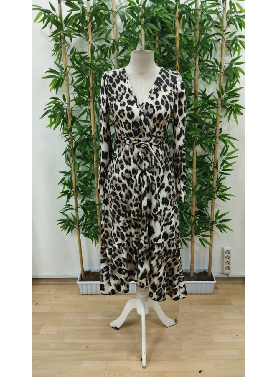 Kadın Uzun Kollu Kruvaze Yakalı Belden Kuşaklı Leopar