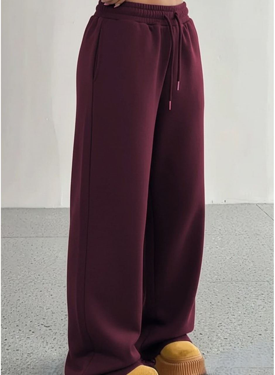 Kadın Yüksek Bel Lastikli Bağcıklı Geniş Kesim Dalgıç Mürdüm Pantolon