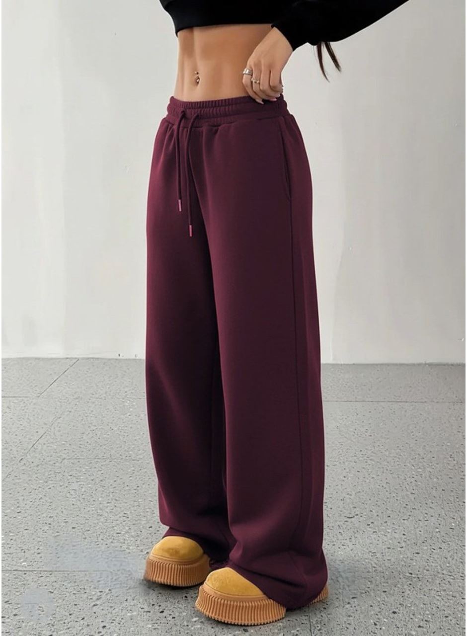 Kadın Yüksek Bel Lastikli Bağcıklı Geniş Kesim Dalgıç Mürdüm Pantolon