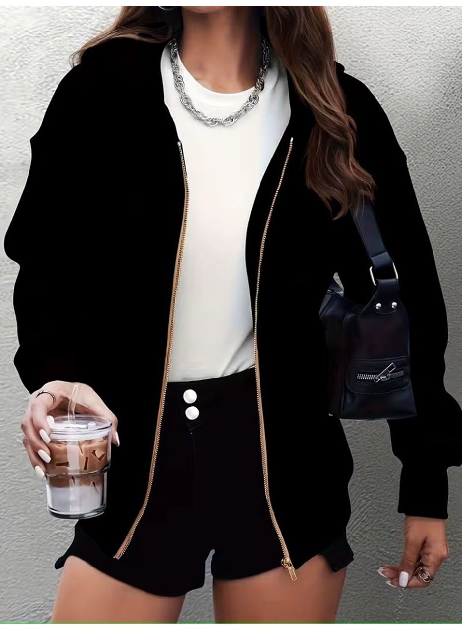 Kadın Uzun Kollu Kapşonlu Fermuarlı önden Cep Detaylı şardonlu Iki Iplik Ceket