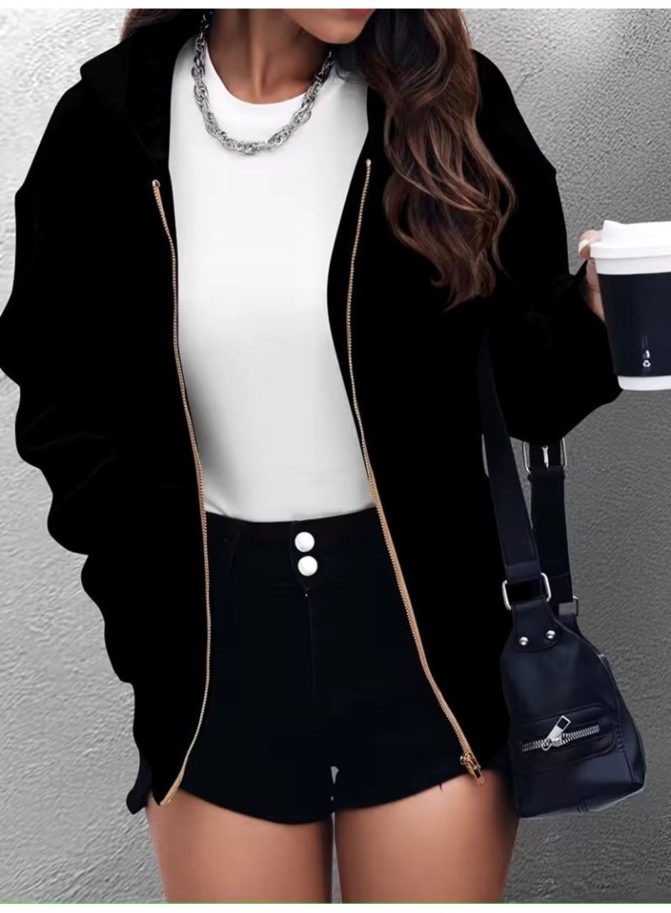 Kadın Uzun Kollu Kapşonlu Fermuarlı önden Cep Detaylı şardonlu Iki Iplik Ceket