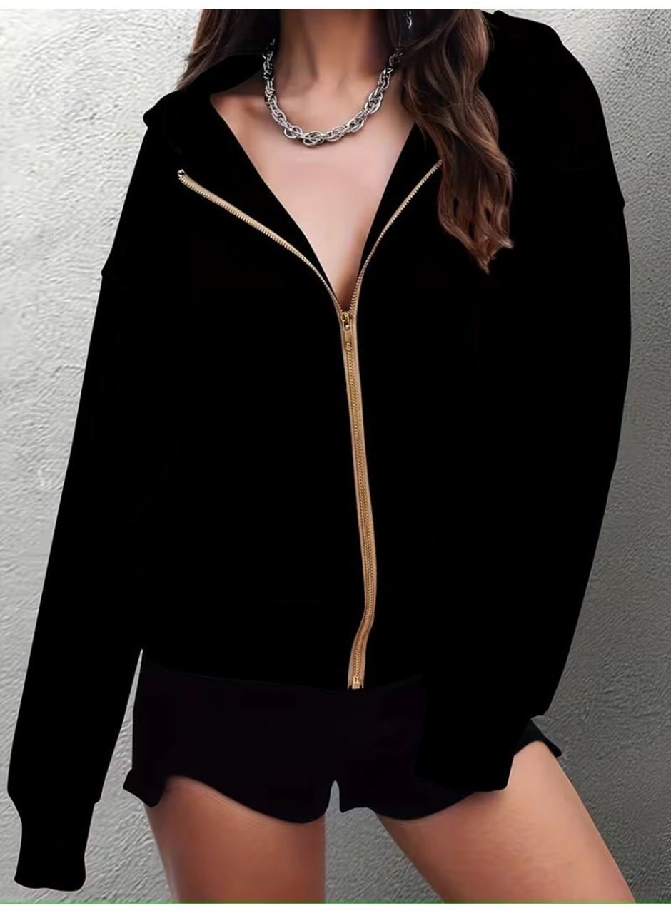 Kadın Uzun Kollu Kapşonlu Fermuarlı önden Cep Detaylı şardonlu Iki Iplik Ceket