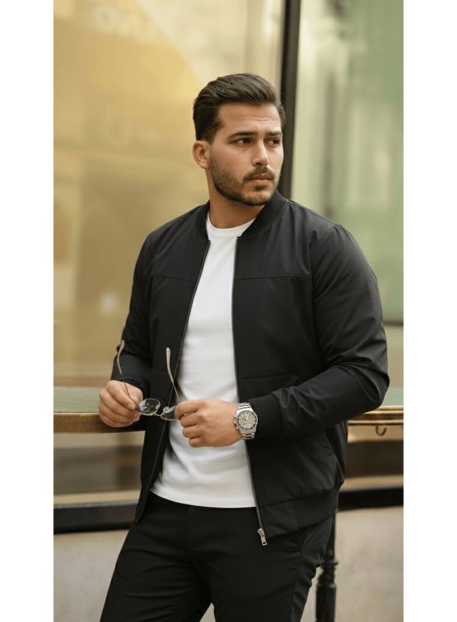 Erkek İçi Astarlı Su Geçirmez Bomber Mevsimlik Ceket - Siyah