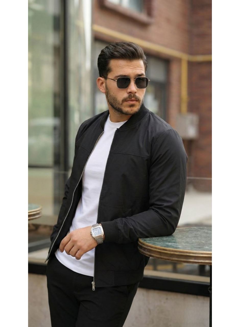 Erkek İçi Astarlı Su Geçirmez Bomber Mevsimlik Ceket - Siyah