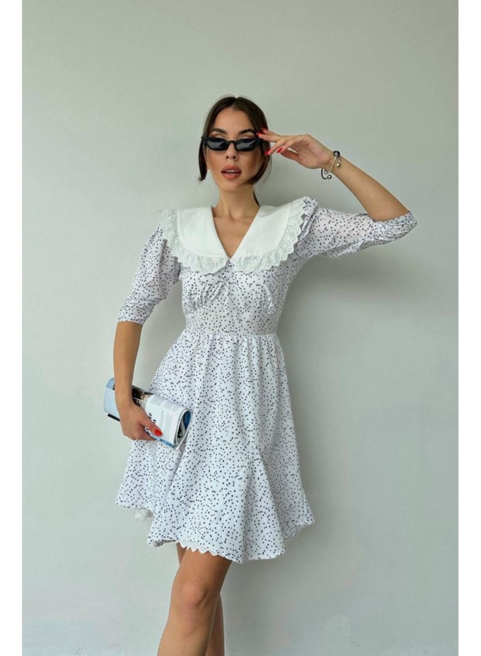 Beyaz Puantiyeli Önlük Yaka Elbise