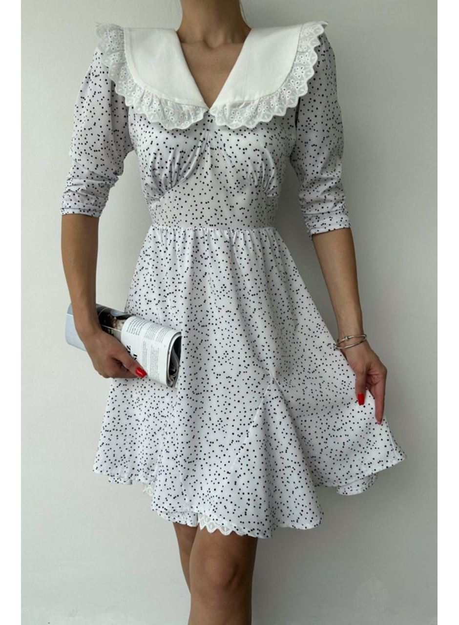 Beyaz Puantiyeli Önlük Yaka Elbise
