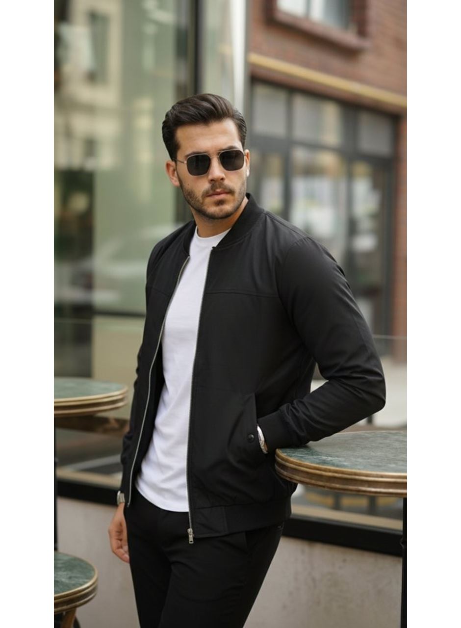 Erkek İçi Astarlı Su Geçirmez Bomber Mevsimlik Ceket - Siyah
