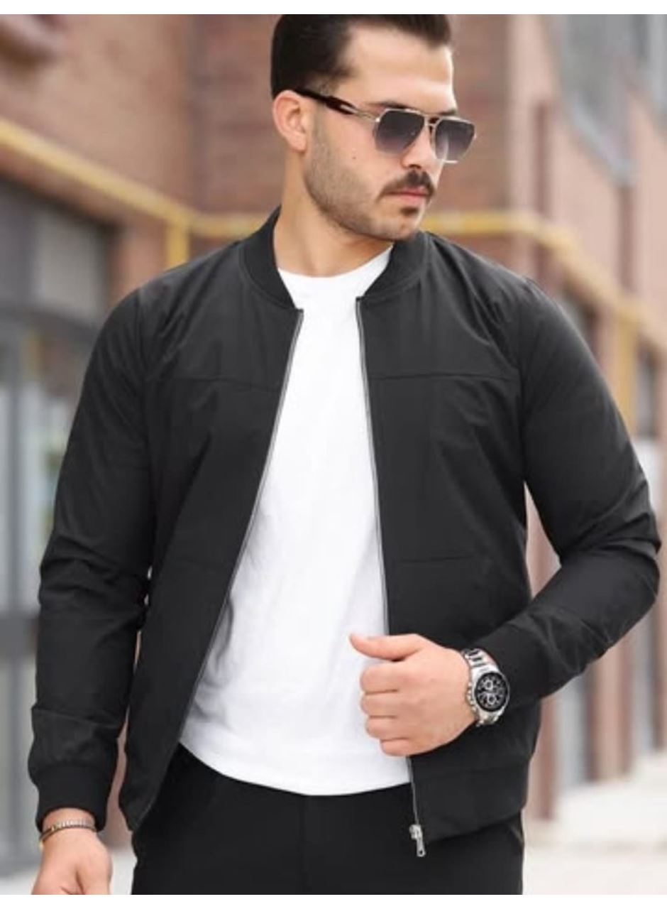 Erkek İçi Astarlı Su Geçirmez Bomber Mevsimlik Ceket - Siyah