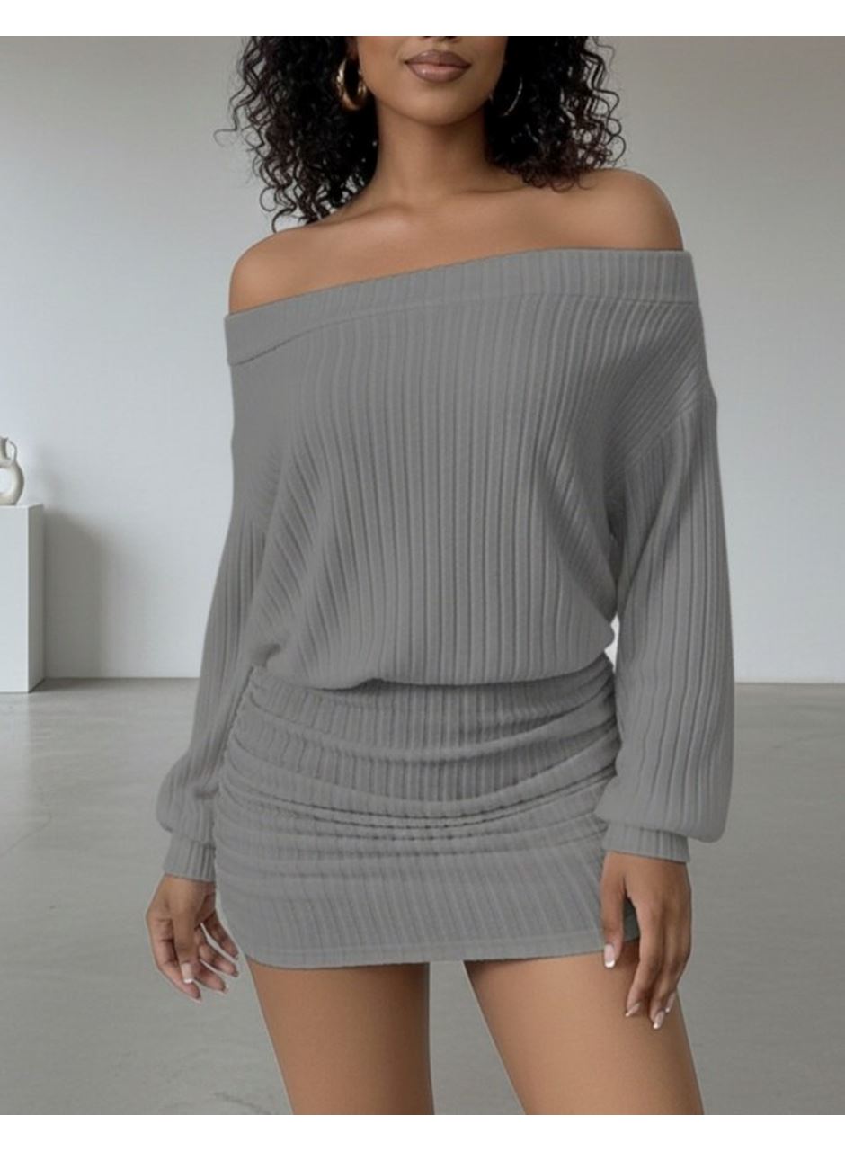 Kadın Uzun Kollu Madonna Yaka Yanlardan Büzgülü şardonlu Kaşkorse Mini Elbise