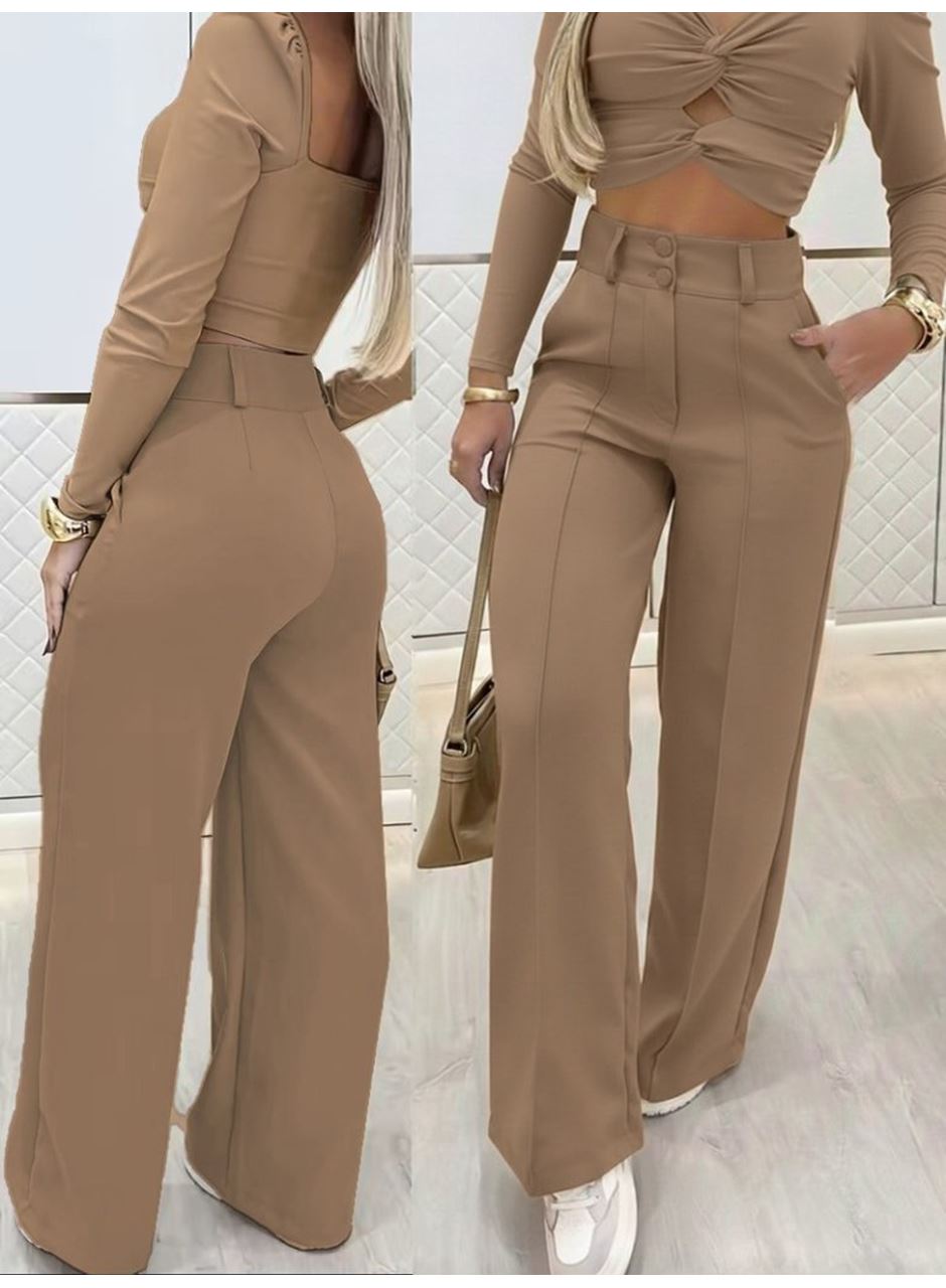 Kadın Uzun Kollu Göğüs Dekolteli Ithal Krep Bluz Ve Pantolon Ikili Takım