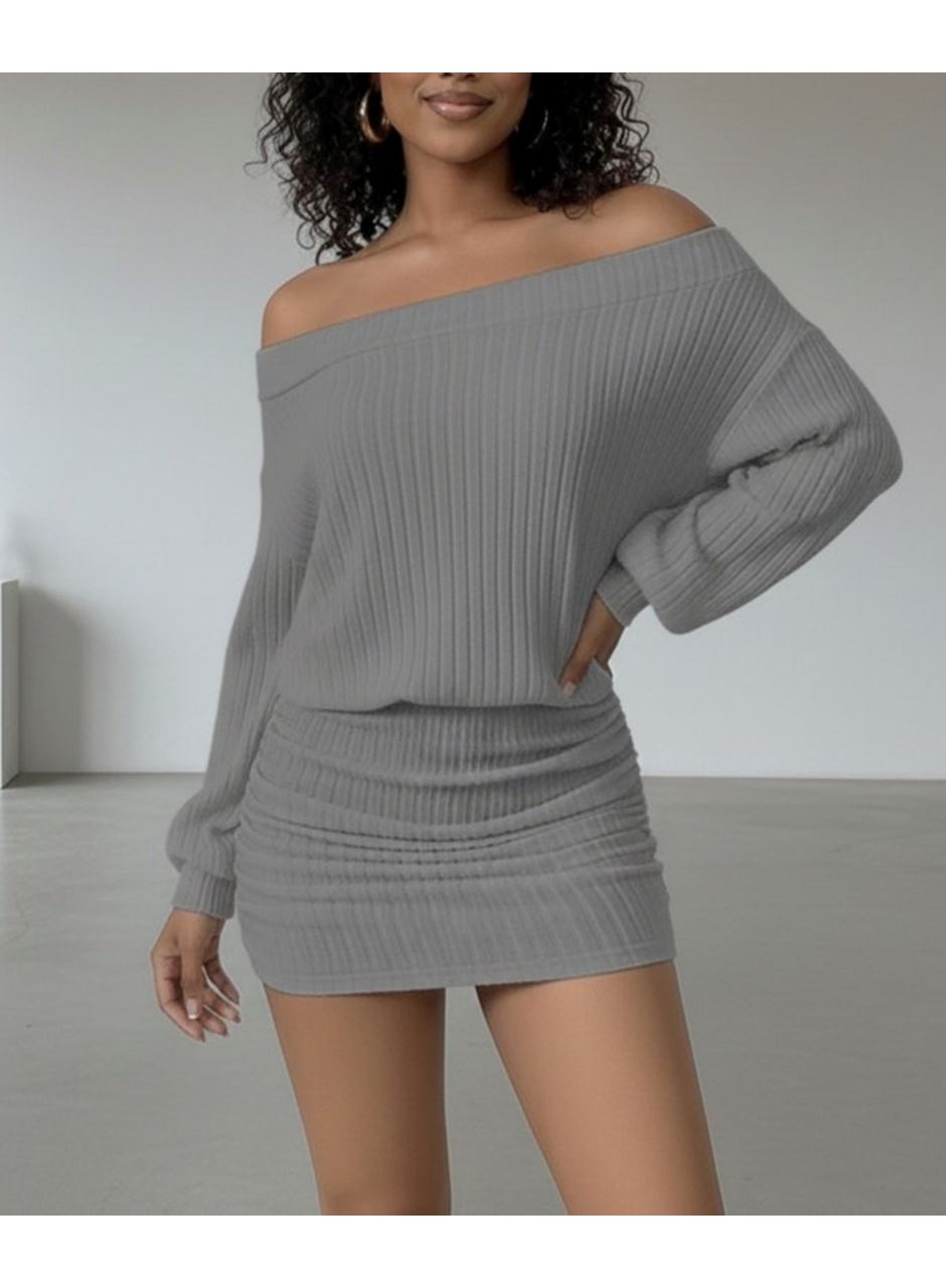 Kadın Uzun Kollu Madonna Yaka Yanlardan Büzgülü şardonlu Kaşkorse Mini Elbise