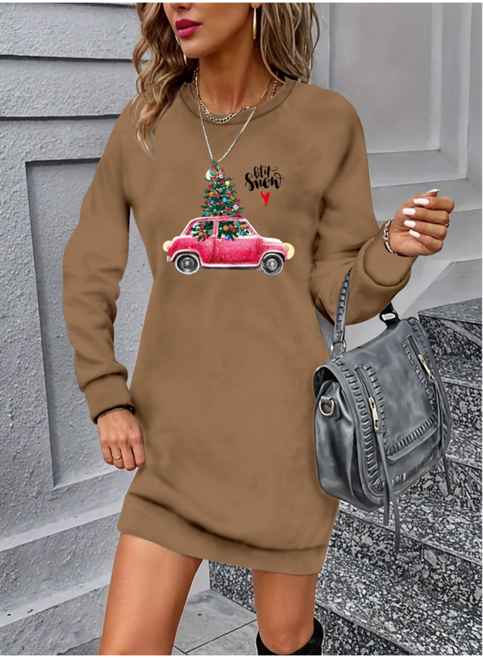 Kadın Uzun Kollu Bisiklet Yaka Desenli Viskon Iki Iplik Elbise