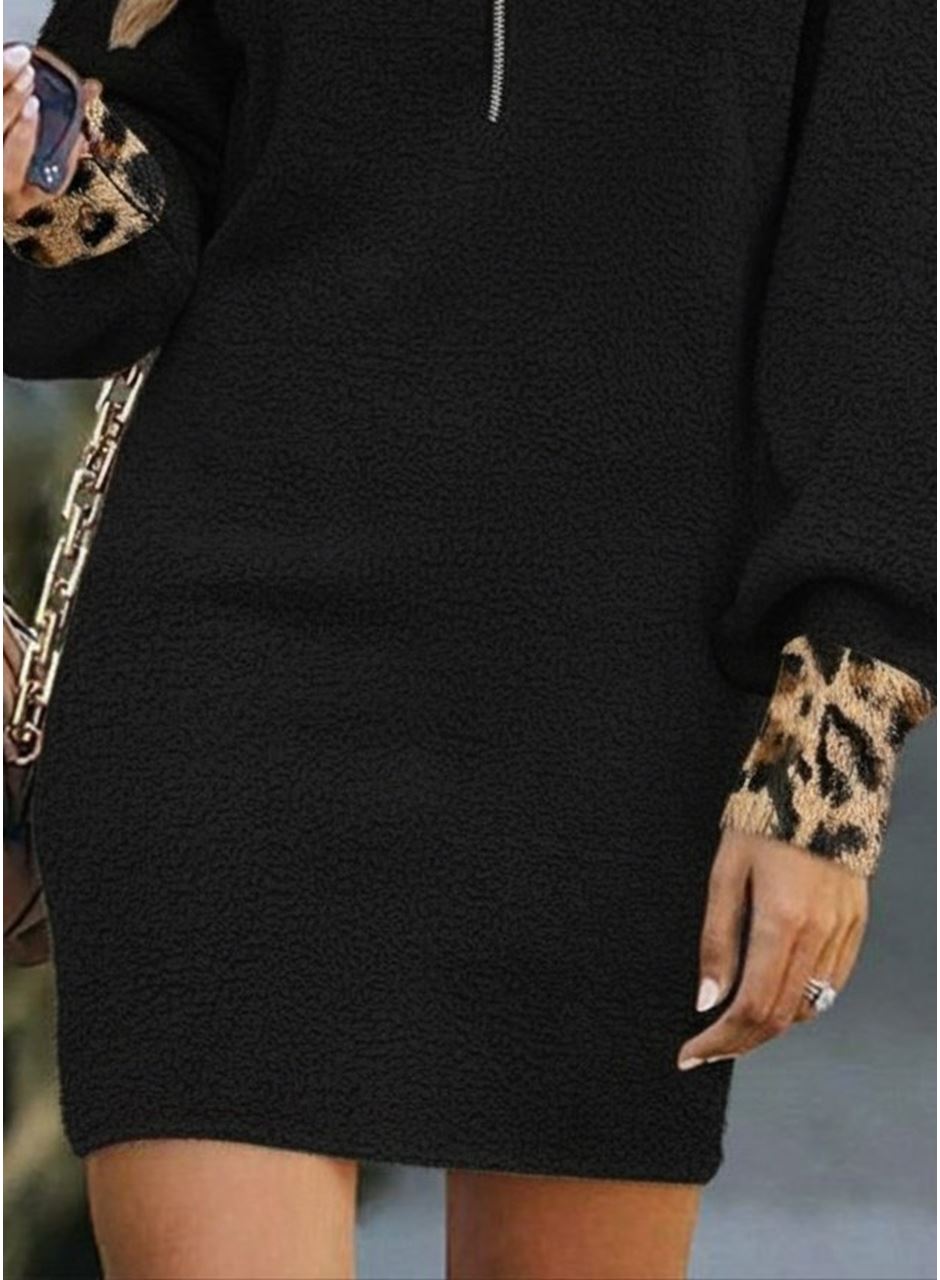 Kadın Uzun Kollu Yakalı önden Fermuarlı Leopar Detaylı Mini Peluş Elbise