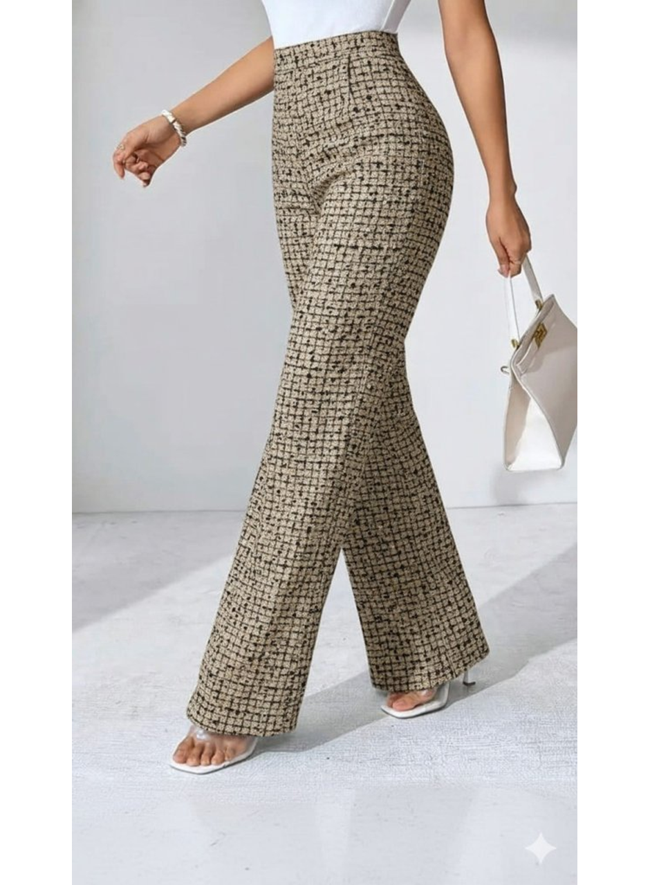 Kadın Yüksek Bel Paçaya Doğru Geniş Dokuma Pantolon