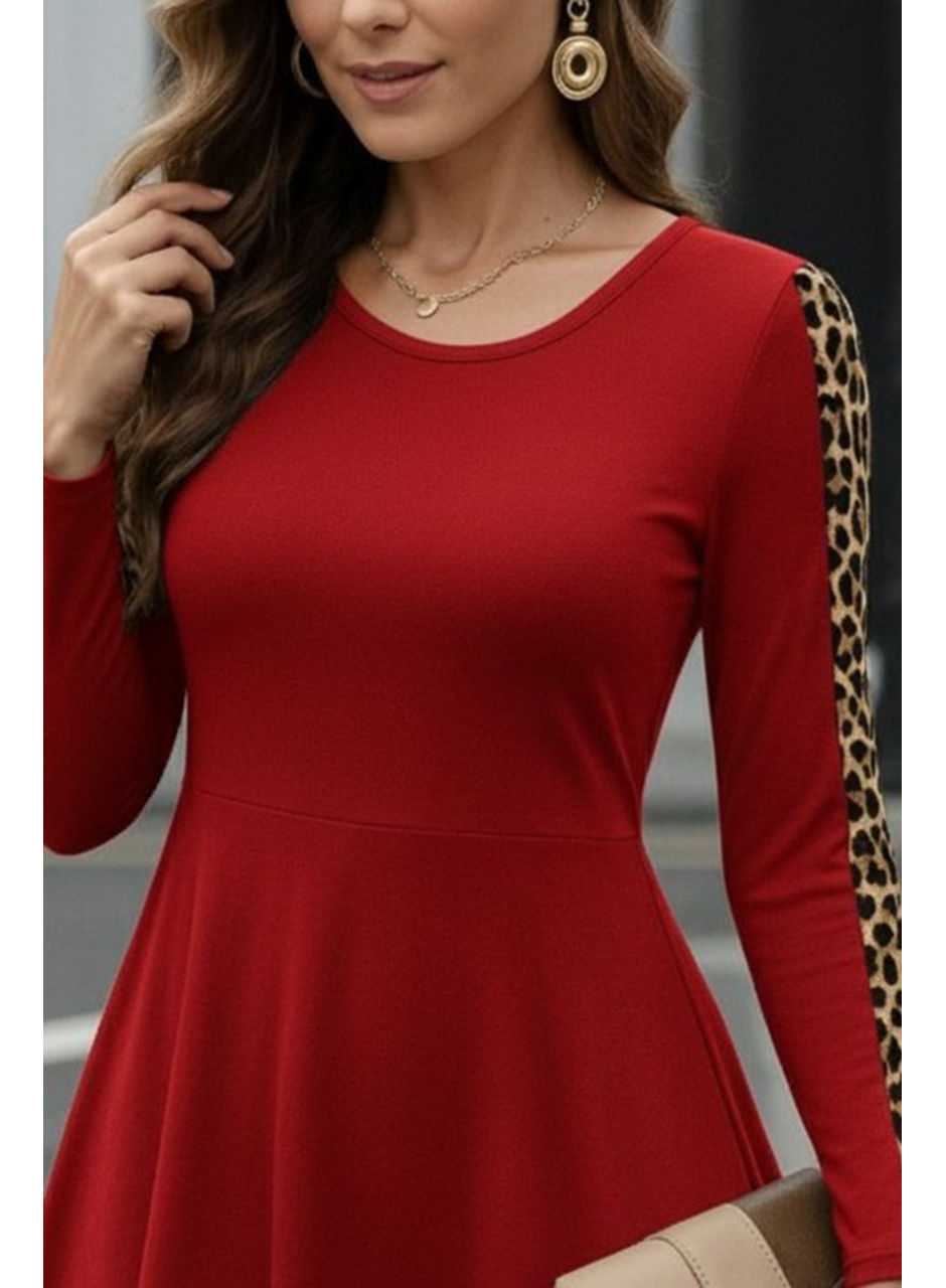 Kadın Uzun Kollu Bisiklet Yaka Kollar Leopar Detay Iki Iplik Mini Boy Elbise