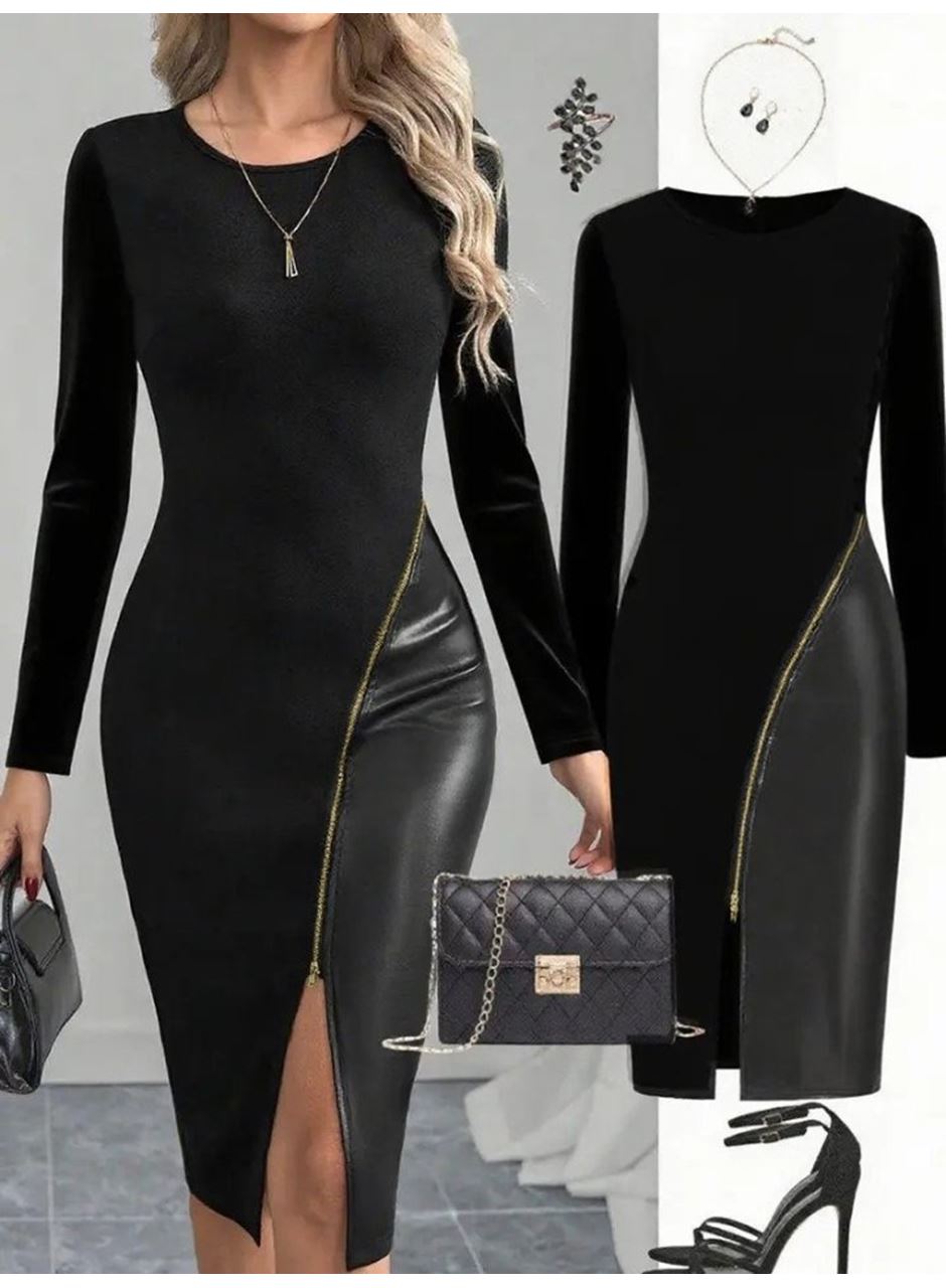 Kadın Bisiklet Yaka Uzun Kollu Deri Ve Fermuar Detay Mini Yırtmaçlı Elbise