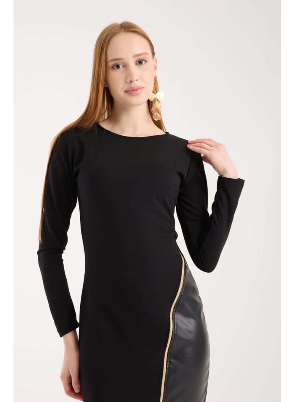Kadın Bisiklet Yaka Uzun Kollu Deri Ve Fermuar Detay Mini Yırtmaçlı Elbise