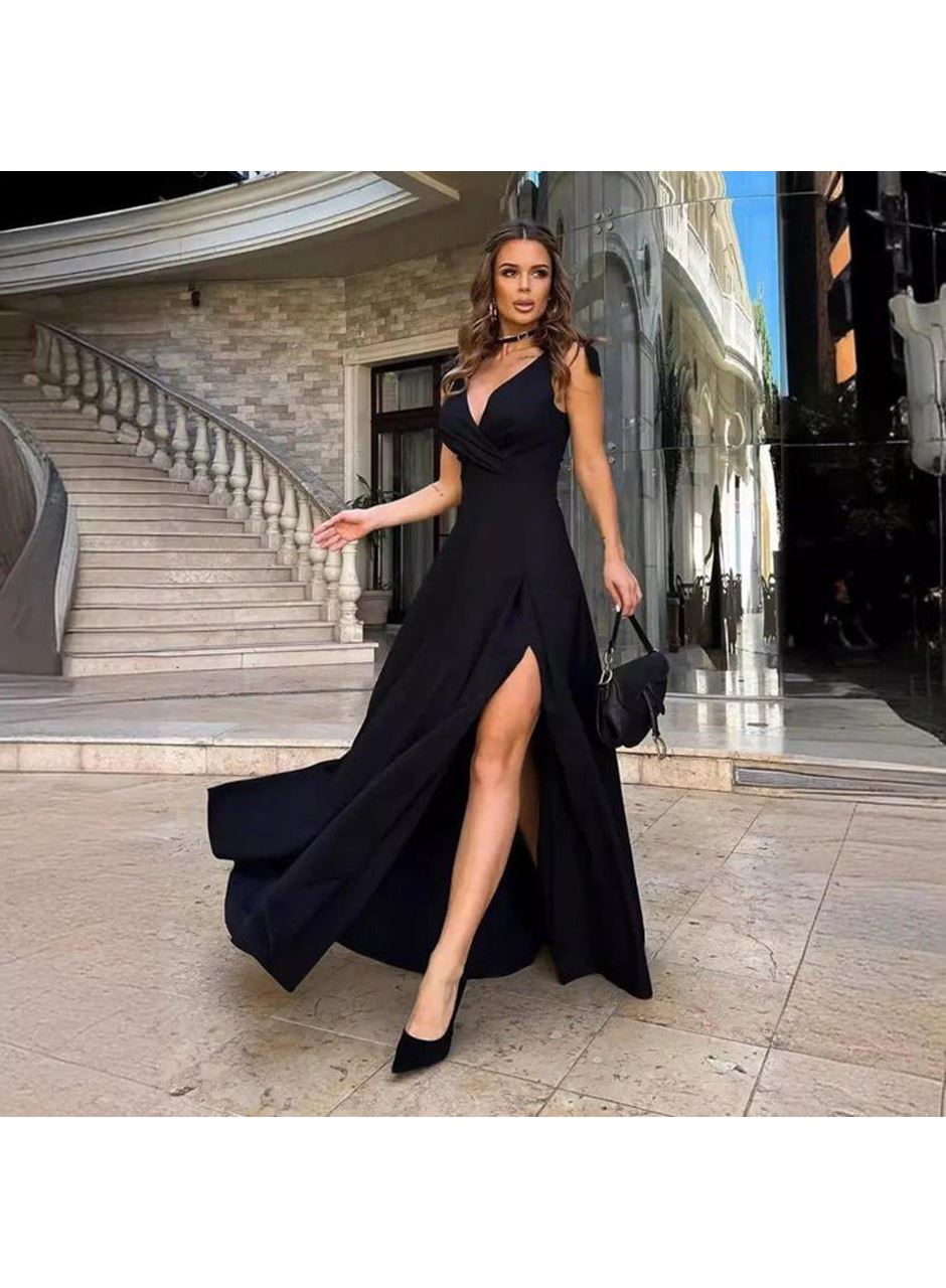 Kadın Askılı Omuzdan Bağlamalı Kruvaze Yakalı Uzun Yırtmaçlı Janjan Krep Elbise